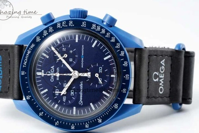 0211 ZipUp Speedmaster Misson To Neptune 1:1 Best Edition Blue Dial On Nylon Strap Quartz 7854